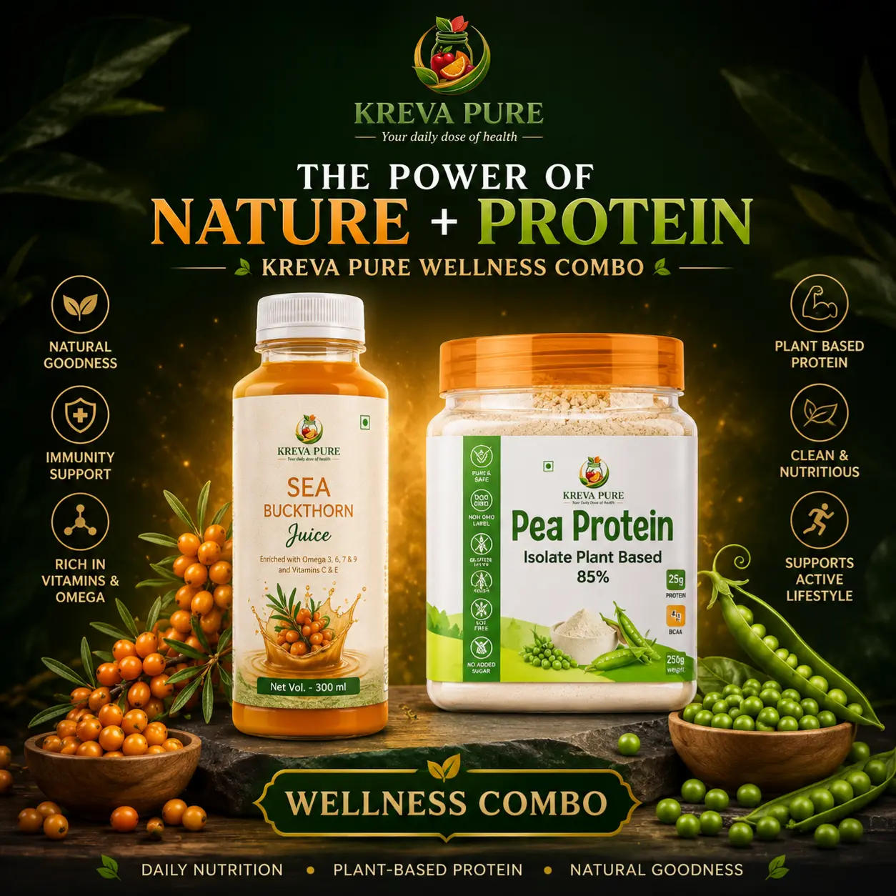 Kreva Beauty and Nutrition Combo - Seabuckthorn Juice and Pea Protein