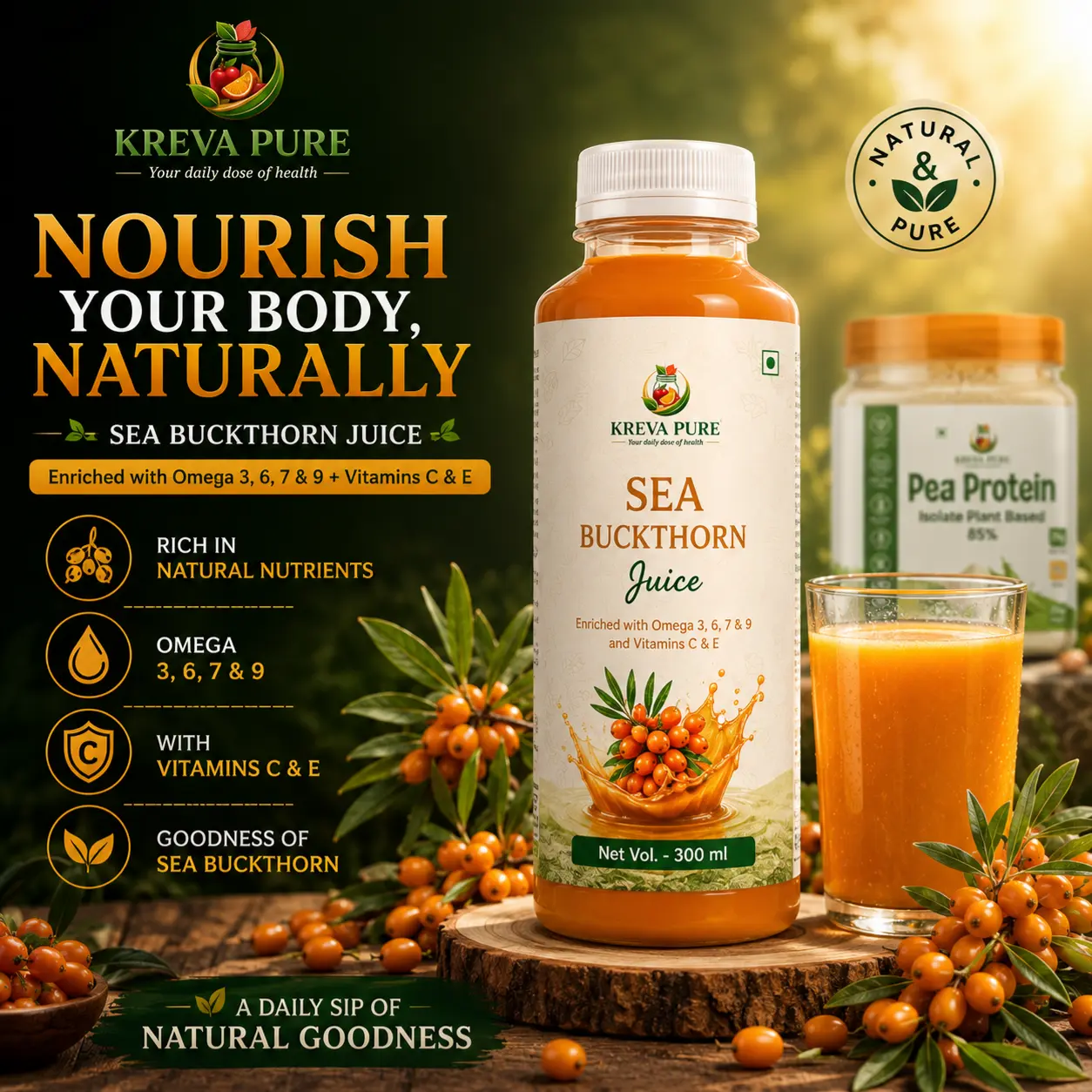 Kreva Beauty & Nutrition Combo (Himalayan Seabuckthorn Juice 300ml + Raw Pea Protein Isolate 250g - Image 4
