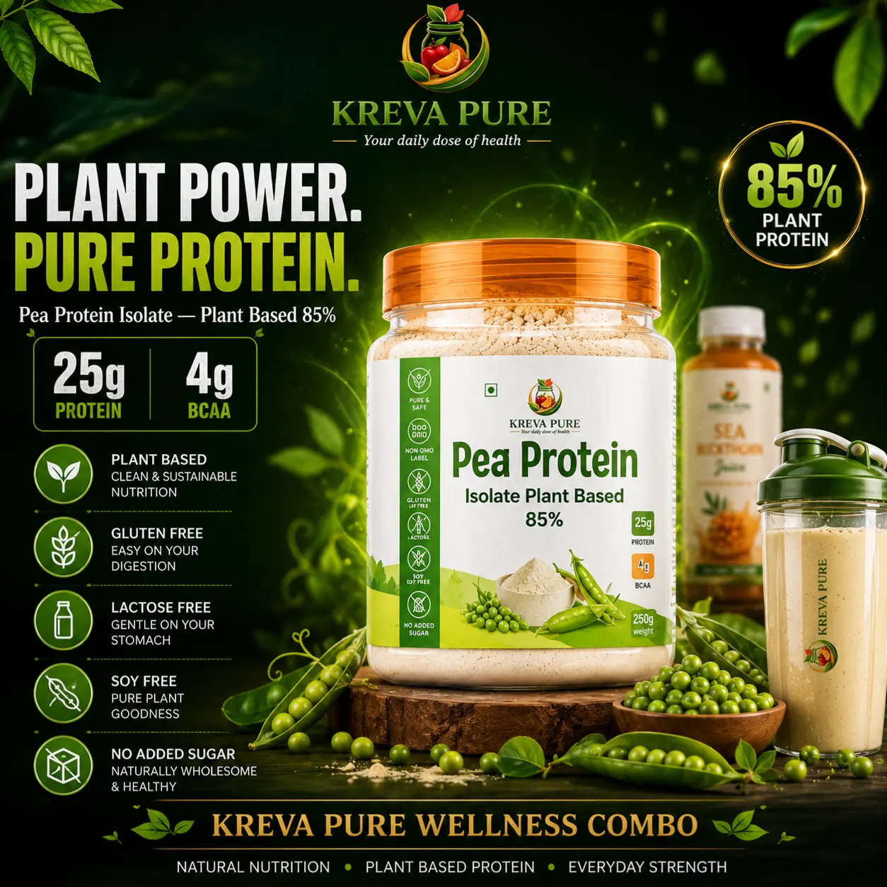 Kreva Beauty & Nutrition Combo (Himalayan Seabuckthorn Juice 300ml + Raw Pea Protein Isolate 250g - Image 2
