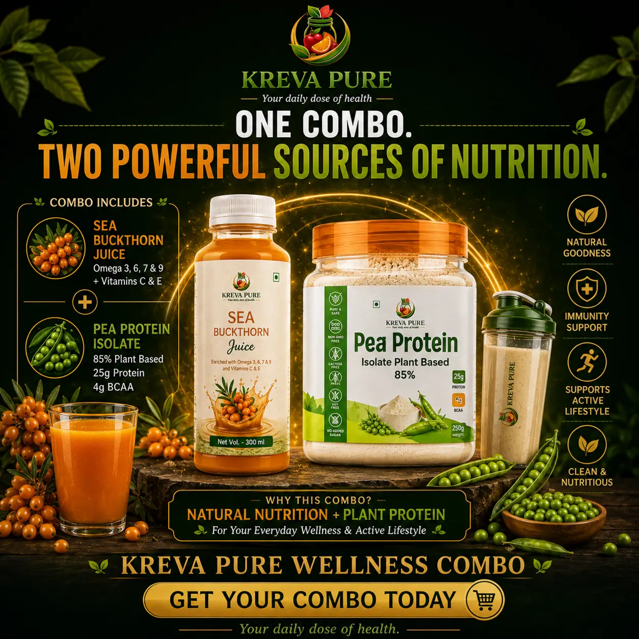 Kreva Beauty & Nutrition Combo (Himalayan Seabuckthorn Juice 300ml + Raw Pea Protein Isolate 250g - Image 3