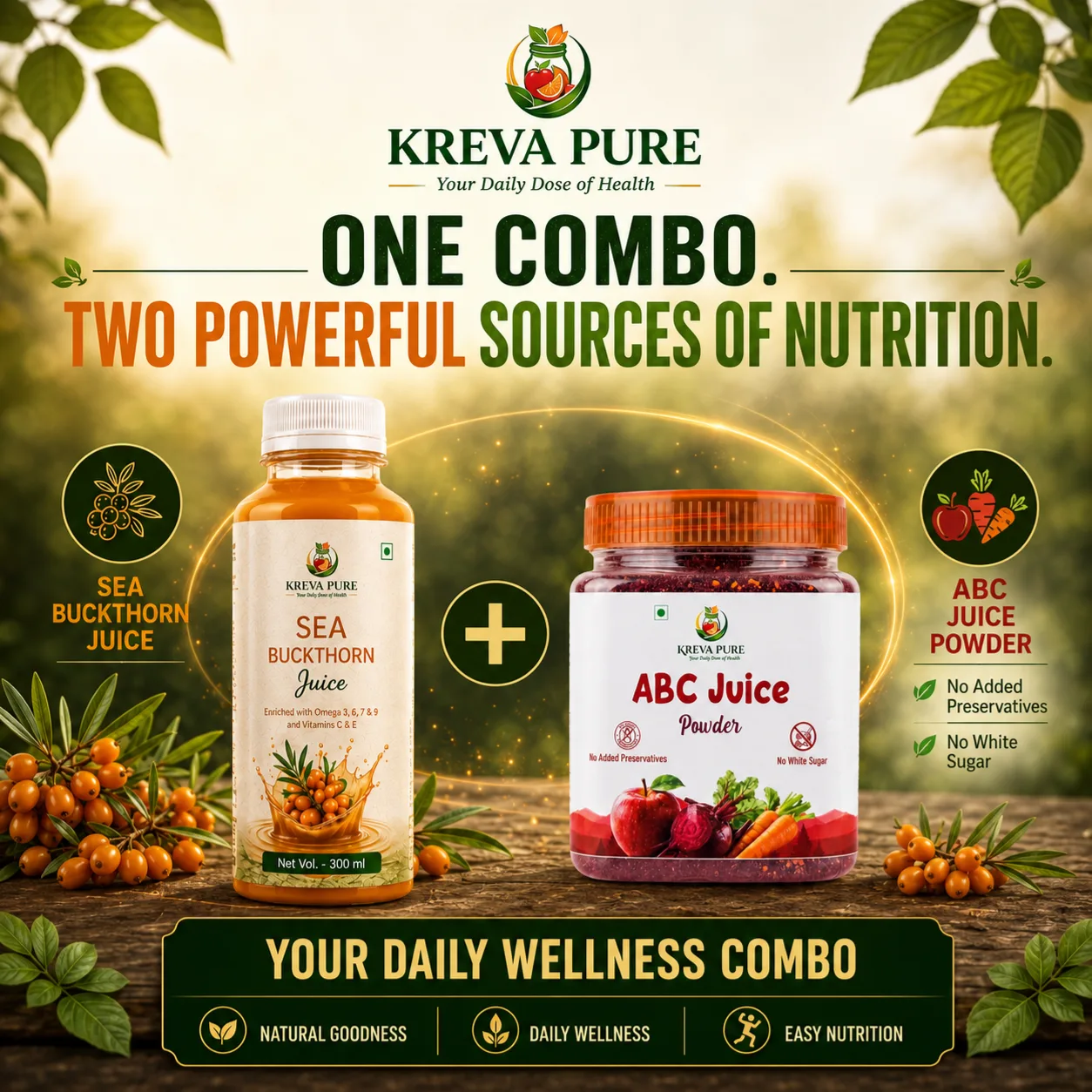 Kreva Glow Duo (Natural ABC Juice Powder 250g + Himalayan Seabuckthorn Juice 300ml) - Image 2